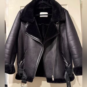 Zara Black Leather Jacket with Shearling Trim